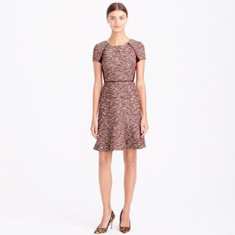 J.‎ Crew Tweed Fit and Flare Dress Womens 6 Burgundy Textured Short Sleeve Mini